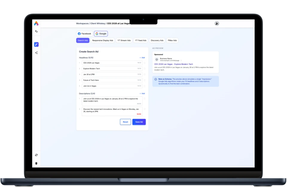 AdRushPro ad editor with platform-specific copy and campaign comments