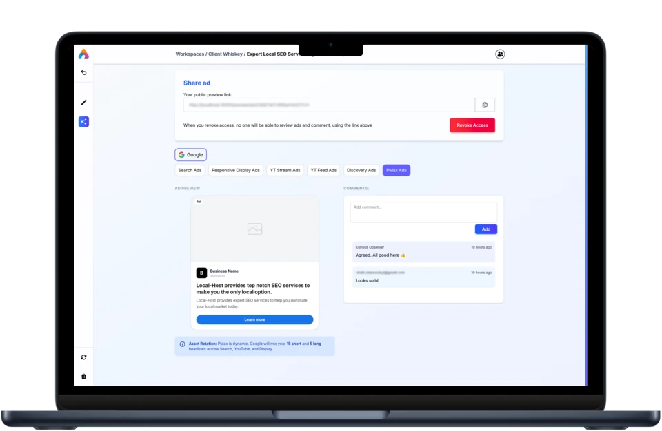 AdRushPro campaign preview with a shareable review link