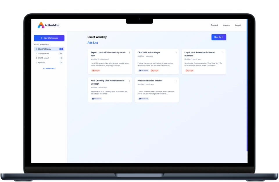 AdRushPro campaigns organized by client