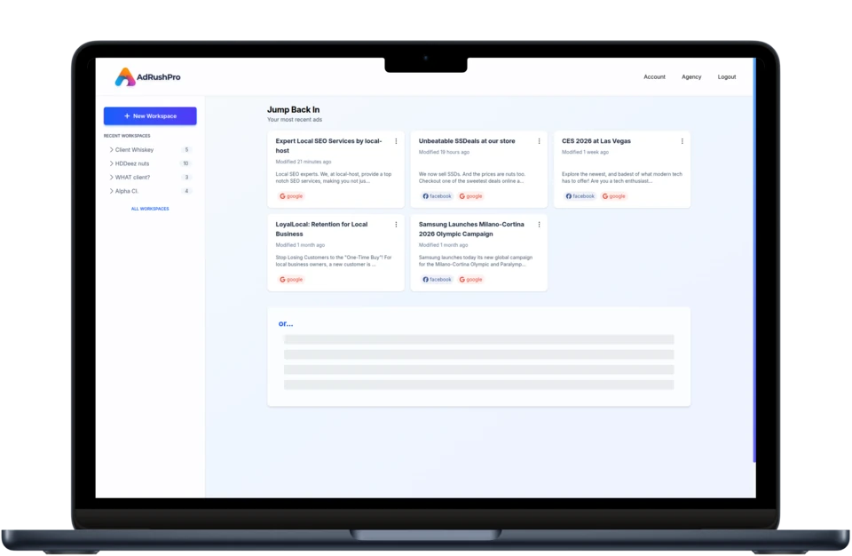 AdRushPro campaign list with a client review panel