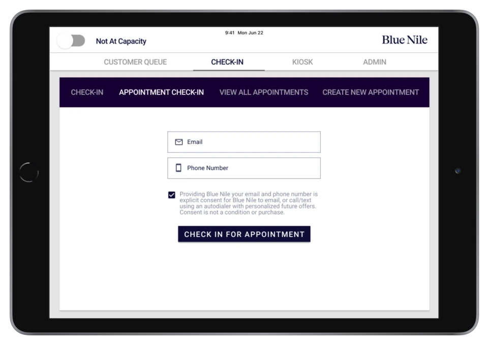 Blue Nile appointment check-in by email or phone number