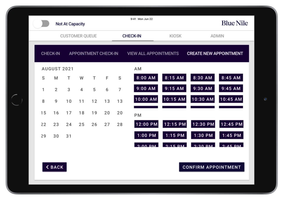 Blue Nile appointment calendar with available time slots