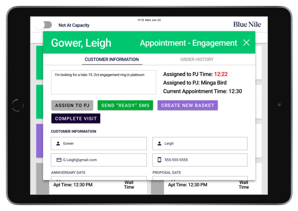 Blue Nile customer details with SMS and visit actions