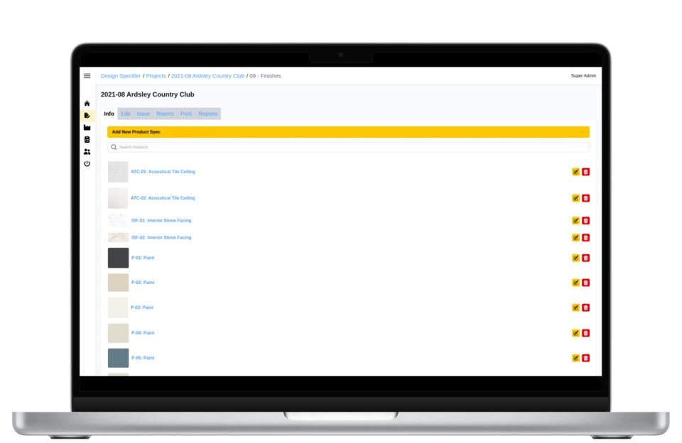 JBD JGA project specifications with product images and editing actions