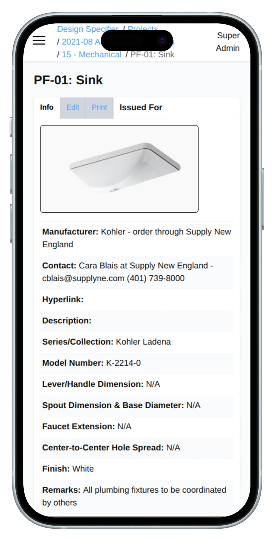 JBD JGA product specification with supplier and material details on a phone