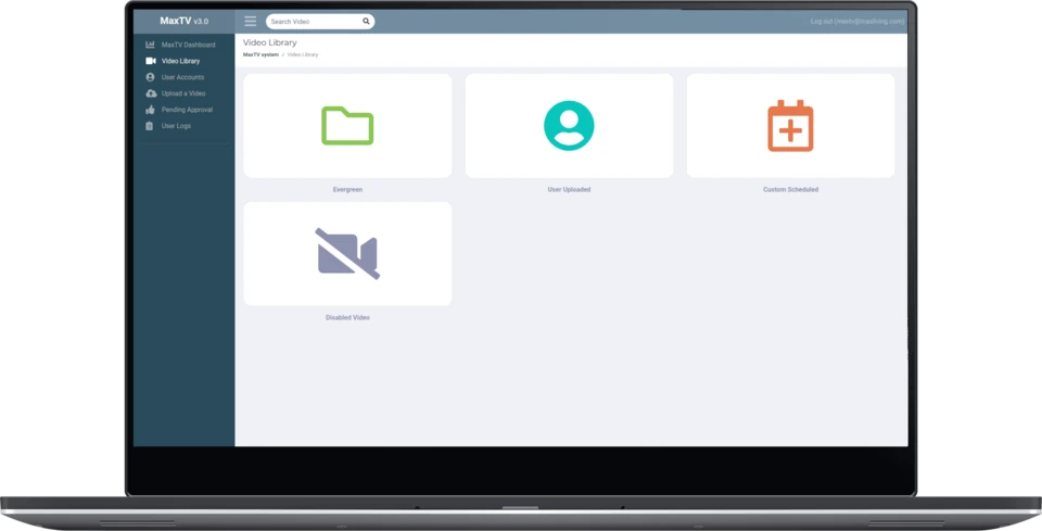 MaxLiving TV library organized into folders and shared videos