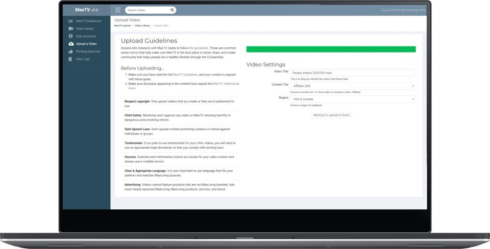 MaxLiving TV upload form with video settings and guidelines