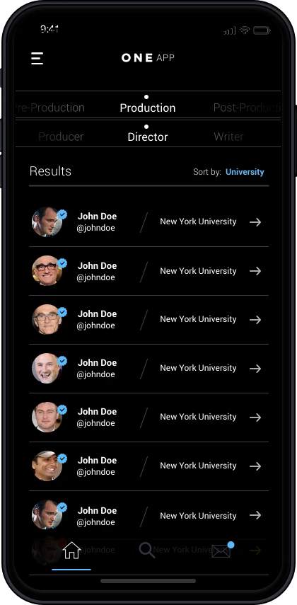 ONE crew search filtered by production role and location