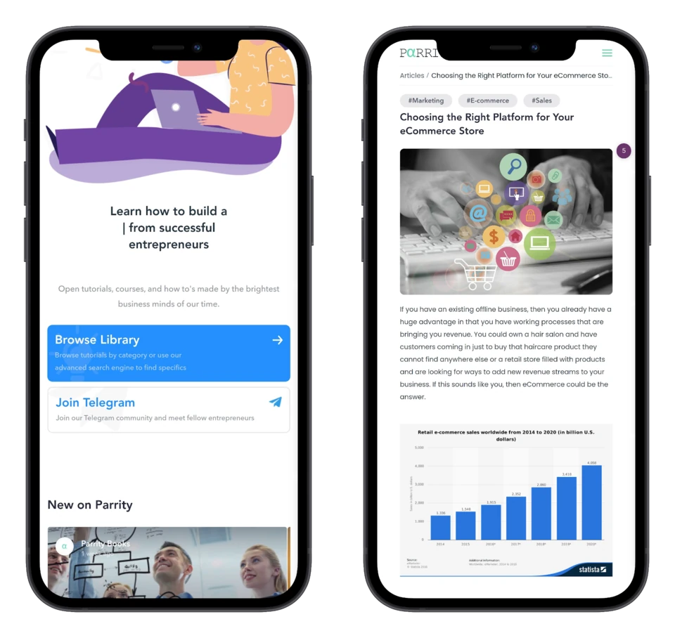 Parrity mobile home page and article reader