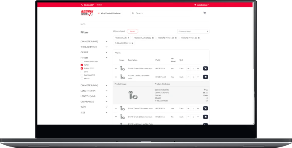 Rodrix product catalog with filters, availability, and ordering controls
