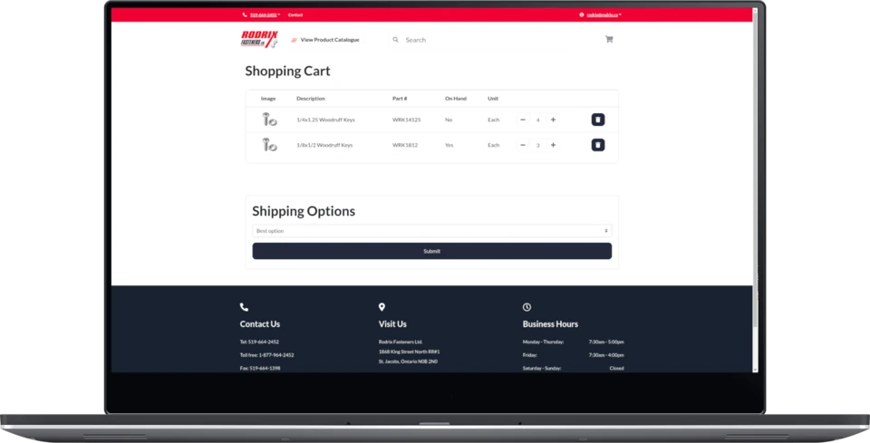 Rodrix shopping cart with quantities and shipping options